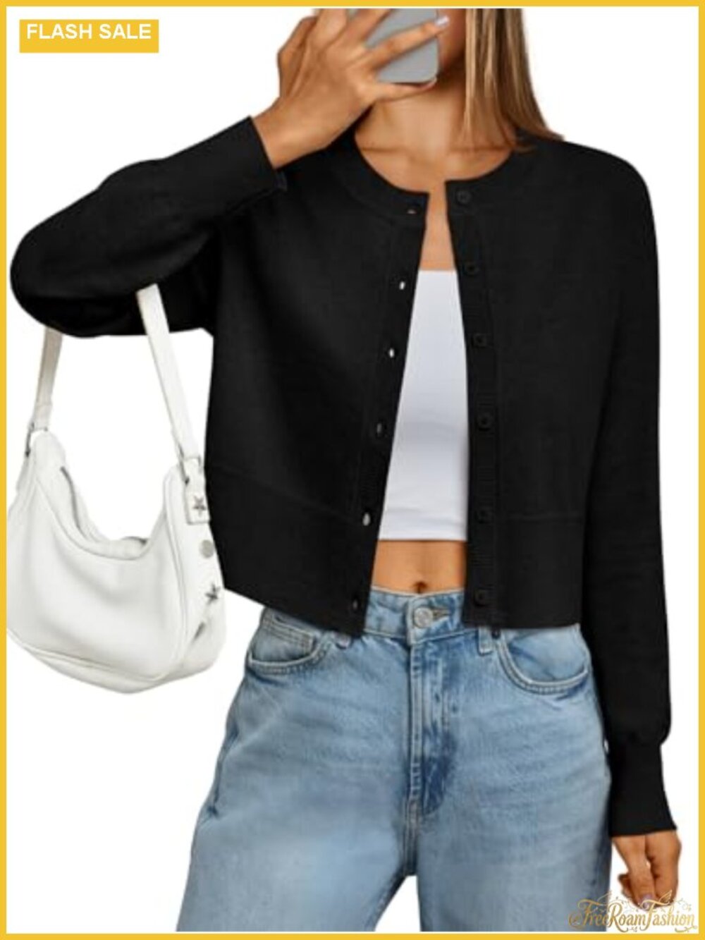 Cropped Lightweight Cardigan Sweater Women Long Sleeve Crew Neck Button